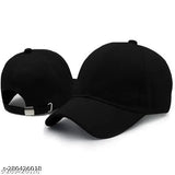 Black baseball cap with adjustable strap, featuring cotton material and plain design