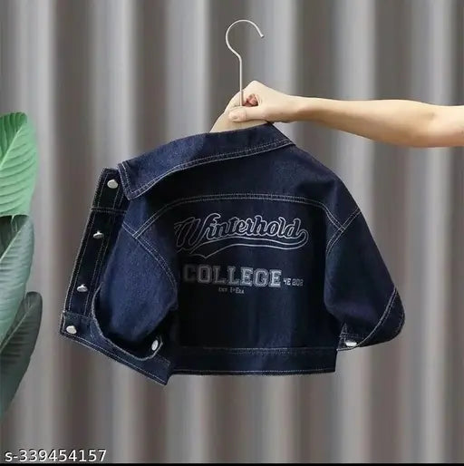College lettered denim jacket on hanger