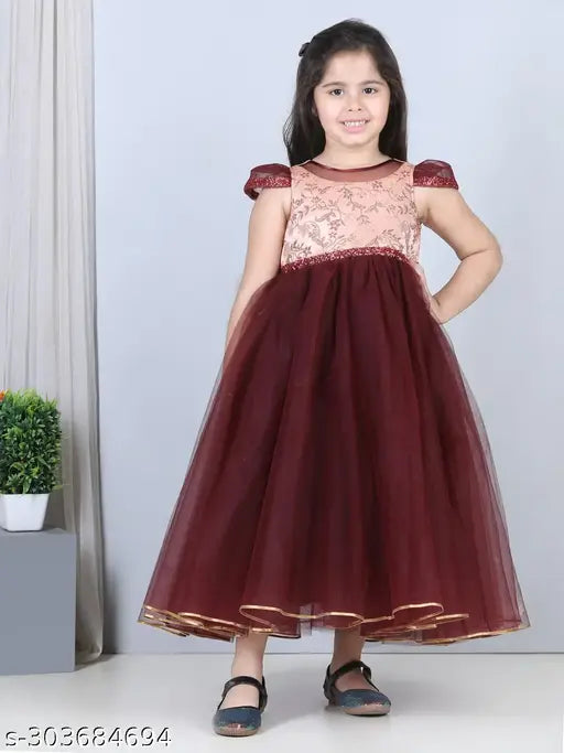 Maroon net party gown for kids, short sleeves with toy balloon print, Indian-made