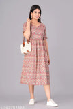 Women's cotton printed fit & flare kurta, three-quarter sleeves, vibrant Indian print on pure cotton dress