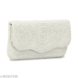 The image depicts a white handbag with an intricate embroidered design, featuring what appears to be a floral pattern. It has a chain strap and is shown from the front with the closure visible