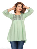 Green rayon embroidered casual top with three-quarter sleeves, size S (36in bust, 32in length). Beautifully feminine green embroidered net top from India