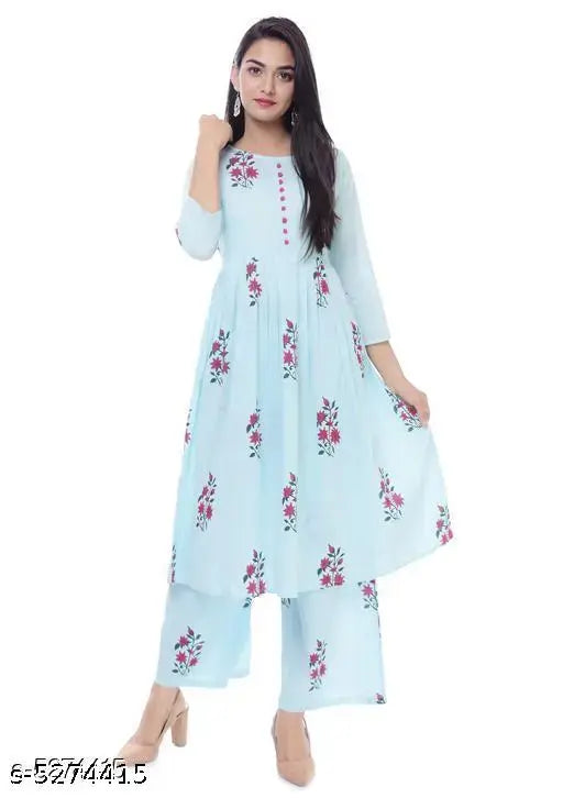 Blue cotton floral printed flared Anarkali kurti set with palazzo pants, casual office wear for women
