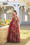 Flower print georgette long-sleeved Anarkali kurti with dupatta (no bottomwear), vibrant colors, and intricate Ikat patterns. Single size S, M, L, XL, XXL available. Suitable for women's and girls' casual wear, perfect for evening events. Indian design, handcrafted for modern fashion lovers