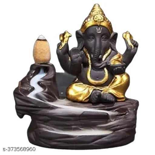 Handcrafted polyresin-marble combo of 2 Backflow Idols: Lord Ganesh & Sai Baba, white & black; includes 51 incense cones
