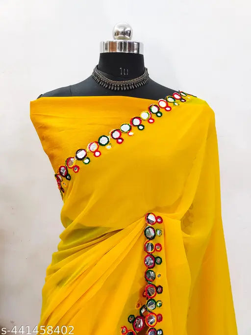 Yellow georgette saree with beaded border and pallu, fashionable women's attire