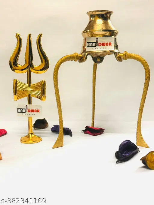 Brass Pooja Thalis & plates set: Gold-plated Haridwar Abhishek Lota Kalash, Trishul, Shivling Stand (10cm x 12cm x 10cm) for Shivling jalabhishek rituals