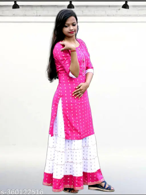 Rayon A-line kurta set, self-design with three-quarter sleeves. Indian HMS Unique Nandini top and skirt sets in various sizes (2-3 Years - 14 Years)