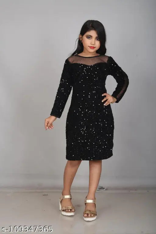 Black flax frock dress, embroidered net with long sleeves for girls 4-12 years old, Wazix Clothing hanging sequence work onepie