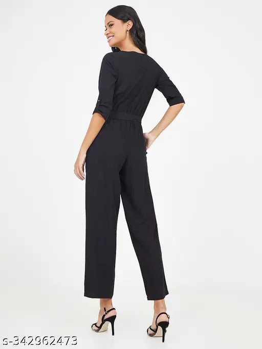 Black crepe jumpsuit with button detailing, Pearl N Vera's Comfort Style in solid black crepe fabric, three-quarter sleeve length