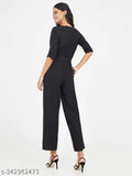 Black crepe jumpsuit with button detailing, Pearl N Vera's Comfort Style in solid black crepe fabric, three-quarter sleeve length