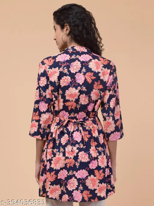 Blue & Multicolor Floral Rayon Tunic with 3/4 Sleeves, Mandarin Collar - Hive91 summer print top with pleated design and tie belt, India origin
