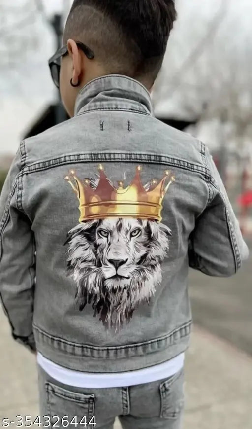 Black denim jacket with a large lion graphic on back, zip closure