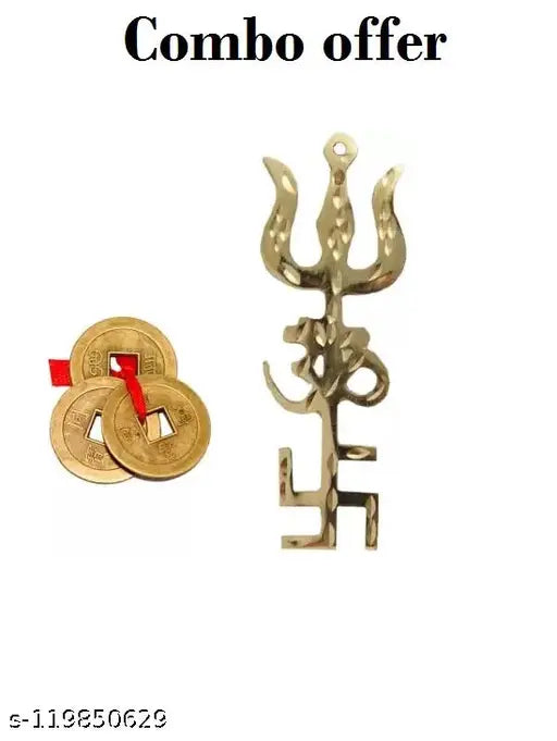 Brass yellow Trishakti Yantra and Feng Shui coins decorative showpiece (10 cm), Indian metal home decor accessory