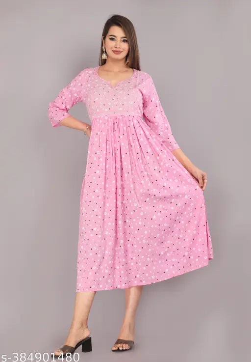Pink rayon three-quarter sleeve dress with printed combo pattern, size S-XXXL. (India origin)