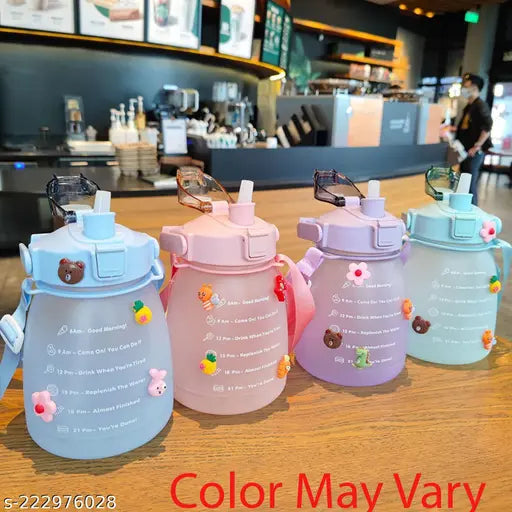 1500ml Sports Fitness Gym Motivational Kids Water Bottle Jug Kawaii Water Bottle with Straw and Shoulder Strap for Camping Travel School Cute Belly Bottle- color may vary