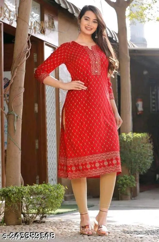 Rayon three-quarter sleeve printed kurta, Indian fashion for daily wear, available in S to 6XL sizes