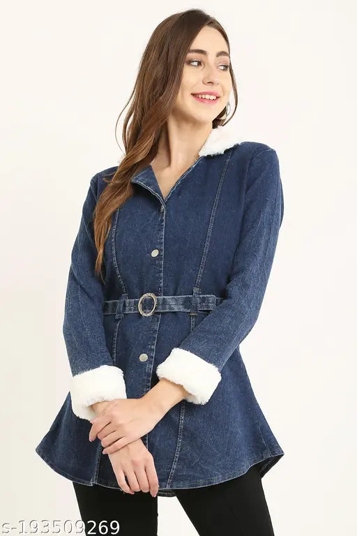 Blue denim jacket with long sleeves, zipper closure