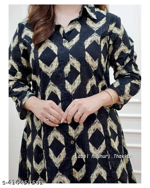 Black rayon kurti set with printed net pattern, three-quarter sleeves, and matching pants for women's wardrobe upgrade