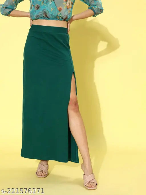 Teal solid midi length women's skirt with front slit