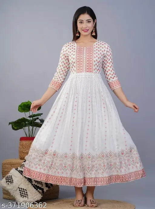 Printed chiffon kurta, women's anarkali style, long sleeves