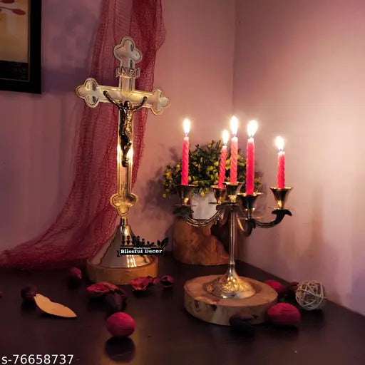 Brass Cross Jesus Statue with Candle Holder, detailed design, symbolizing Christian faith, height 42 cm, ideal for home or office decor