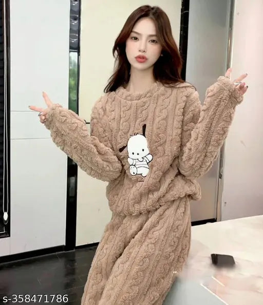 Stylish wool women's winter nightsuit with long sleeves and printed pattern, featuring top and bottom in identical materials