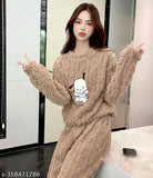 Stylish wool women's winter nightsuit with long sleeves and printed pattern, featuring top and bottom in identical materials