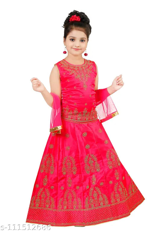 Pink cotton partywear lehenga set for kids, embroidered and sleeveless, soft and comfortable fabric, available in sizes from 6-12 months to 10 years, Indian design