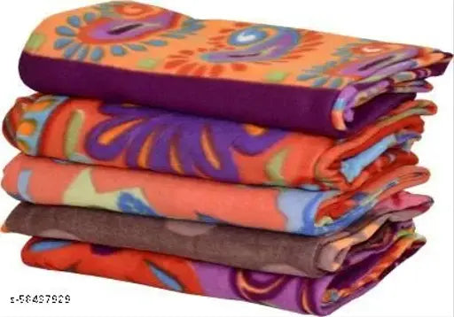 Fleece single bed combo (5pc), floral pattern, ideal for AC rooms. Soft fleece blankets stacked in pack