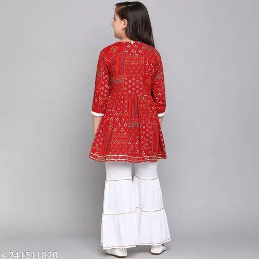 Stylish trendy blue cotton kurta sharara set for girls, single piece with three-quarter sleeves, printed pattern, party wear, India origin