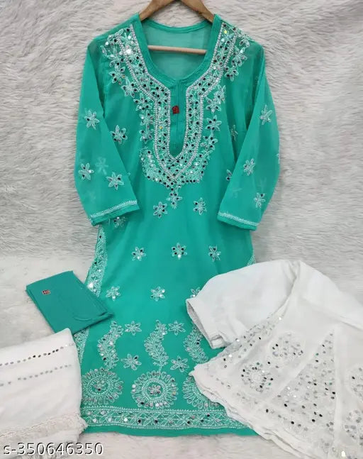 Embroidered Georgette mirror kurti with cotton inner, Lucknowi Chikankari handwork on three-quarter sleeves set - Indian traditional Sharara bottom