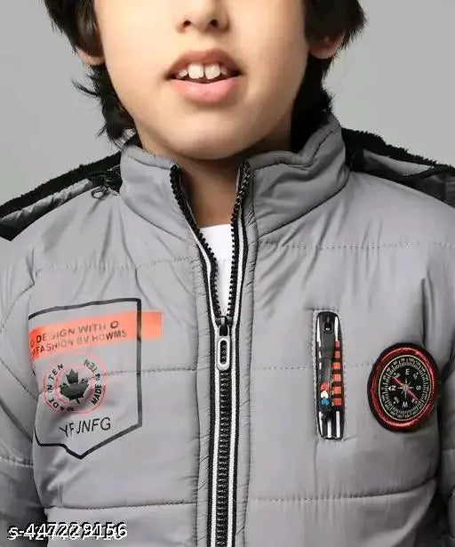 Grey boys jacket with grey zipper and logo patch on chest
