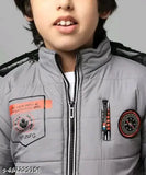Grey boys jacket with grey zipper and logo patch on chest