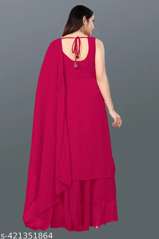Red embroidered designer work kurta set, long kurta with ruffled sleeves