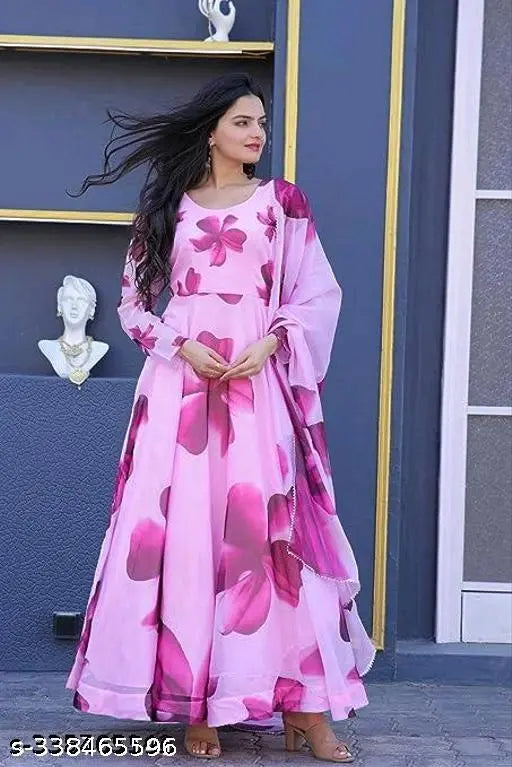 Pink Georgette printed net women's gown, size N-XXXXL, Indian origin
