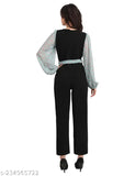 Stylish floral georgette Lycra jumpsuit, solid color with tailored long sleeves and matching waist belt, size L (Bust 40in, Length 53in, Waist 34in), India origin