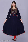 A blue rayon kameez with long sleeves, traditional embroidery, and a straight neckline