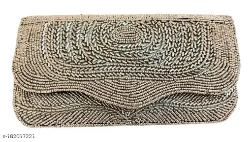 Steel grey sequined clutch bag with long strap