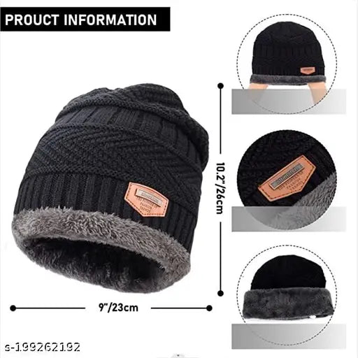 Ultra-soft woolen beanie cap & muffler scarf set, warm & snowproof (20° temperature), criss-cross basket weave design, India origin