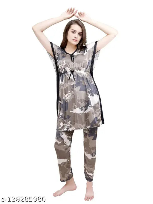 Indian-made satin long nightsuit with printed net pattern, short sleeves and pyjama style