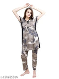 Indian-made satin long nightsuit with printed net pattern, short sleeves and pyjama style