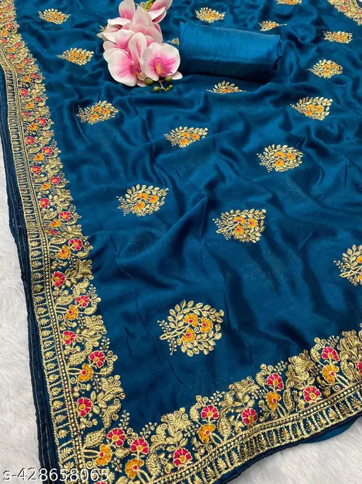 Pure Havey Vichitra Silk fabric, vibrant embroidered saree with separate blouse in Bangalori silk, single free-size piece from India