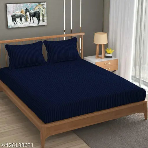 Premium 220 TC Plain Satin Stripes Cotton bedsheet (90x100 inch), King Size, 2 Pillow Covers for home & hotels - Kirat Decor