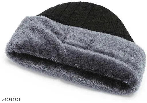 Grey fur lining, black stripe detail, acrylic knit beanie cap pack of 2