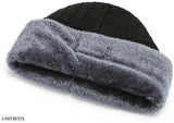 Grey fur lining, black stripe detail, acrylic knit beanie cap pack of 2