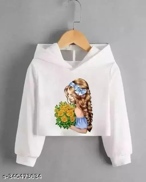 Crop length polyester hoodie with long sleeves and printed design, women's fashion apparel