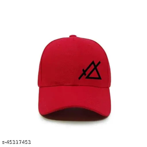 Red baseball cap with white emblem and text