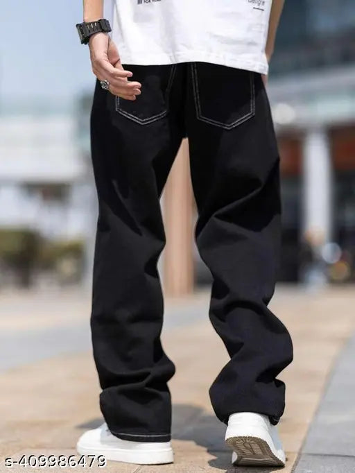 Black baggy jeans with white contrast trim