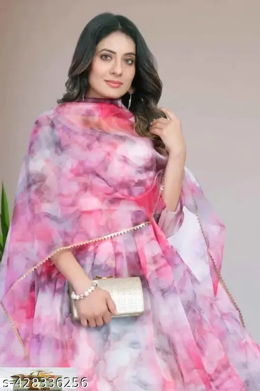 Organza pink floral gown set with rich position print, three-quarter sleeves, printed net, India origin